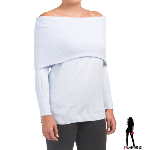 Poof! Sweaters - Sky Blue Off the Shoulder/Cowl Neck Sweater